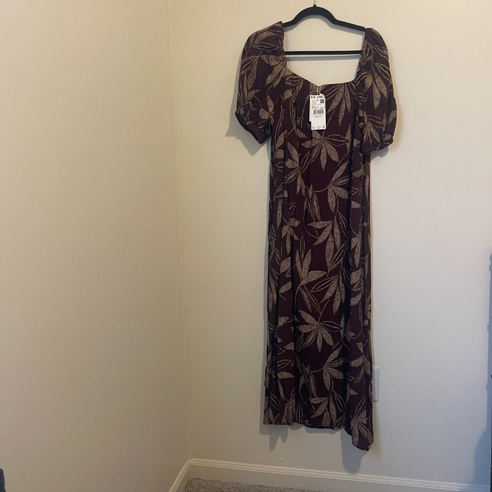 Mango Brown Puff Sleeve Midi Dress with Gold Leaf Print – Size XXL - Picture 2 of 11